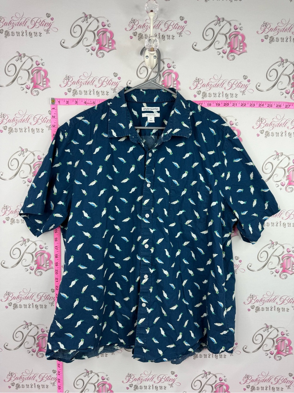 Amazon Essentials shirt Short-Sleeve Button-Down with Light Blue Parrot Print